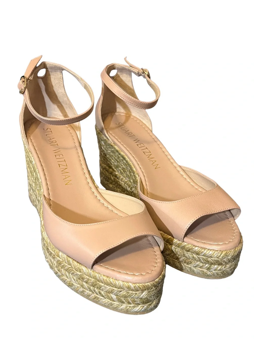 Stuart Weitzman Nude Leather Nudist Wedge Espadrille Sandal 10.5 + Dust Bag NWT